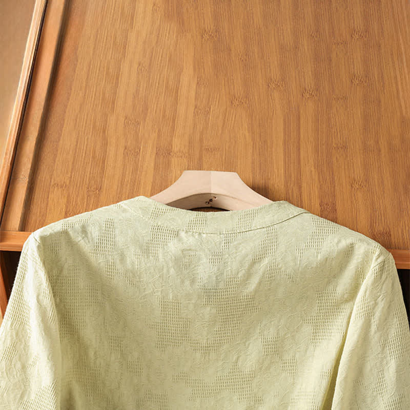 Buddha Stones Camicia da donna estiva casual in stile boho con scollo a V, ricami geometrici e floreali, maniche a tre quarti. - image 18