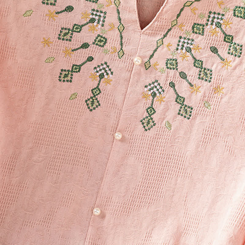 Buddha Stones Camicia da donna estiva casual in stile boho con scollo a V, ricami geometrici e floreali, maniche a tre quarti. - image 11