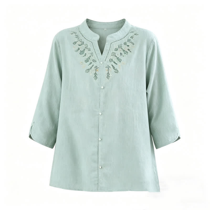 Buddha Stones Camicia da donna estiva casual in stile boho con scollo a V, ricami geometrici e floreali, maniche a tre quarti. - image 6