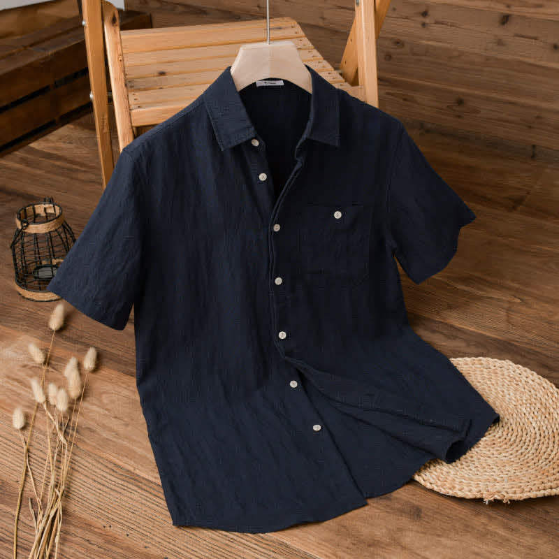Buddha Stones Camicia da uomo a maniche corte, tinta unita, estiva, casual e minimalista, con tasca applicata. - Marina - US/UK/AU42, EU52 (3XL) - image 0