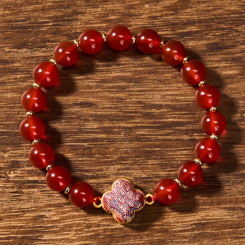 Buddha Stones Braccialetto con ciondolo a forma di quadrifoglio in broccato di agata rossa. - image 1
