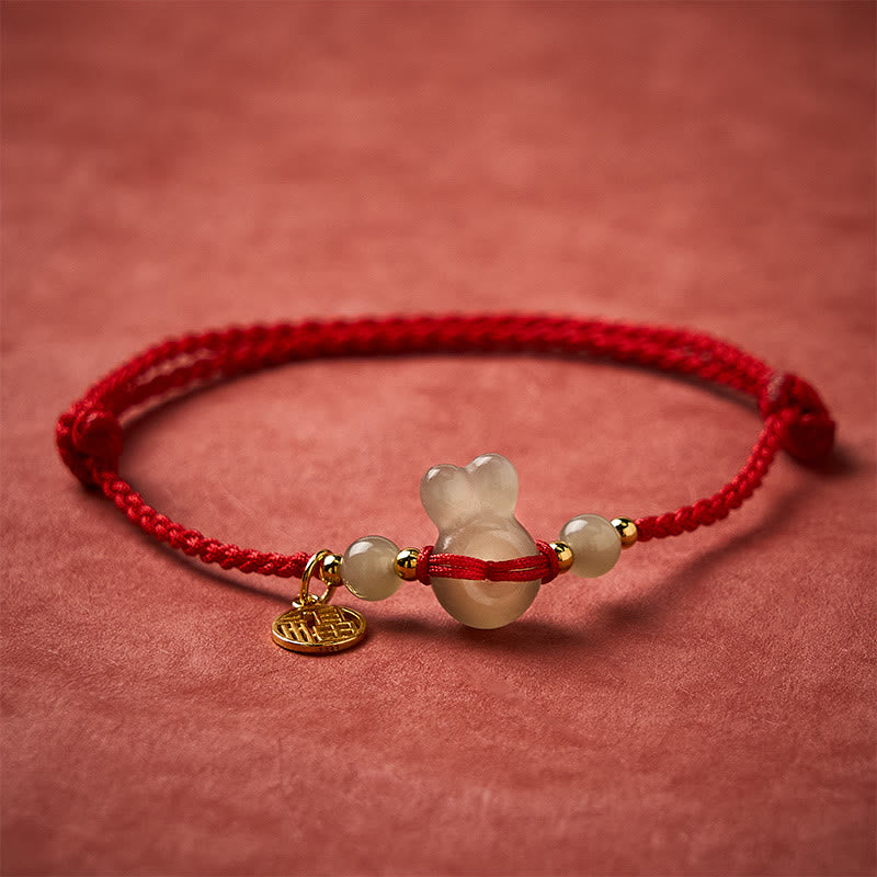Buddha Stones Bracciale vintage con fibbia della pace a forma di testa di coniglio in giada Hetian, carattere Fu, radicamento, cordino rosso - image 1
