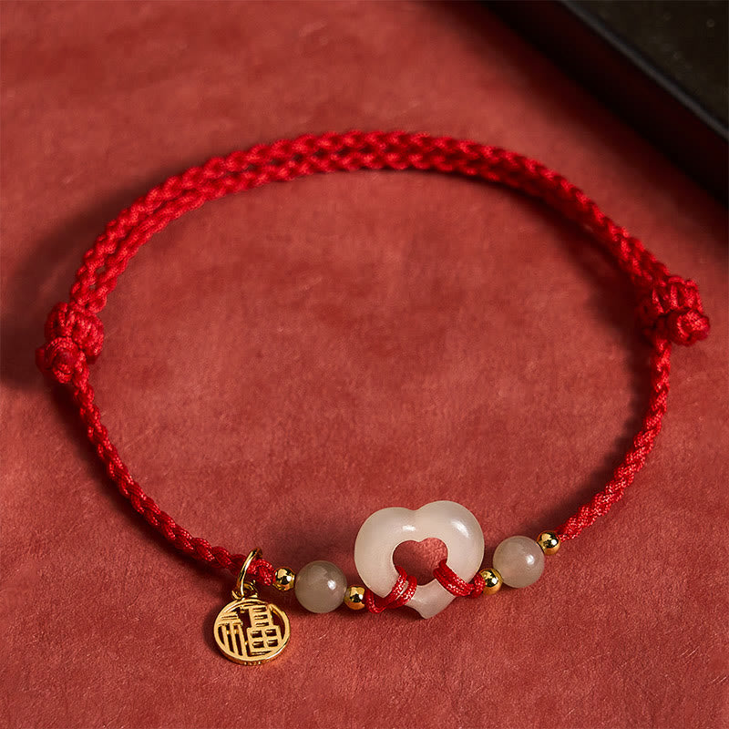 Buddha Stones Anello a cuore di giada Hetian Bracciale di protezione del carattere Fu - Giada naturale (il colore può variare) - image 0