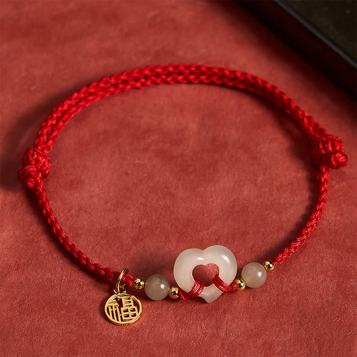 Buddha Stones Anello a cuore di giada Hetian Bracciale di protezione del carattere Fu - Giada naturale (il colore può variare) - image 0