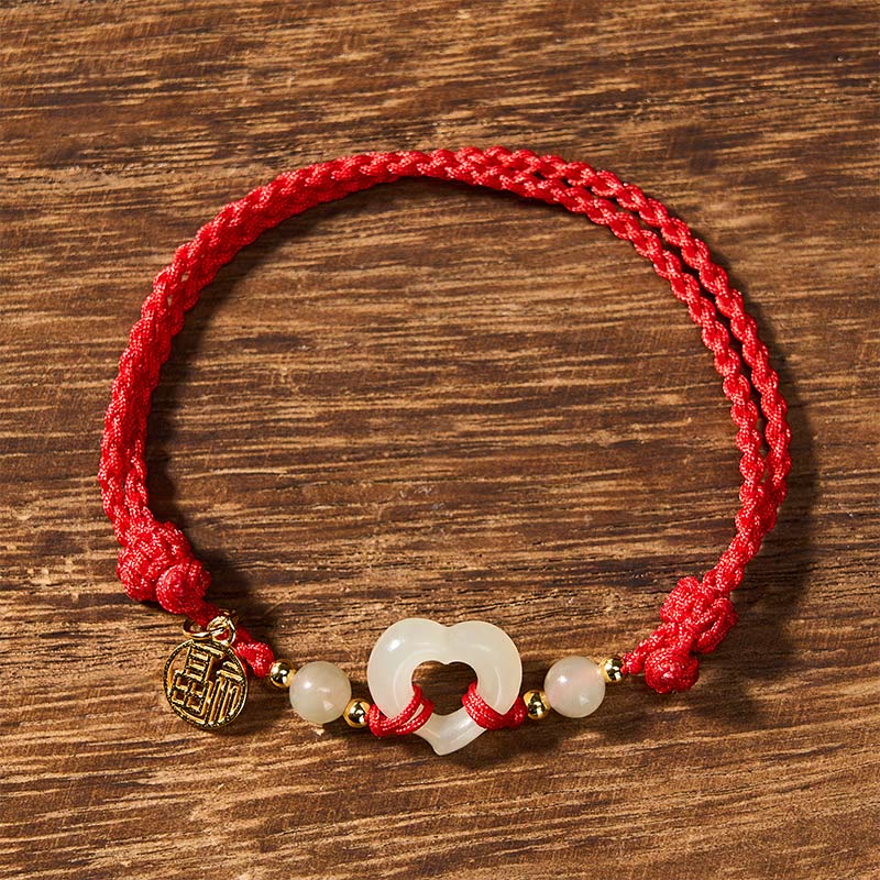 Buddha Stones Anello a cuore di giada Hetian Bracciale di protezione del carattere Fu - image 2