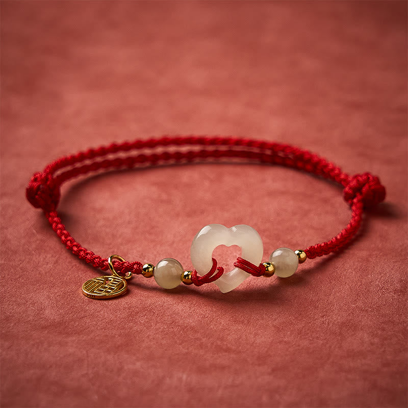 Buddha Stones Anello a cuore di giada Hetian Bracciale di protezione del carattere Fu - image 1