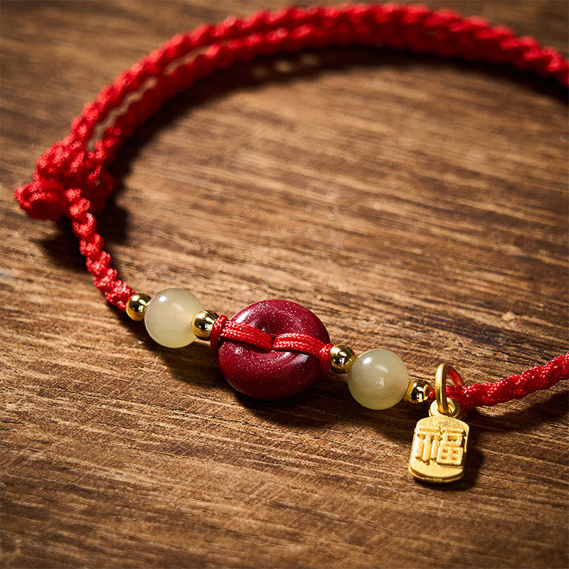 Buddha Stones Braccialetto con ciondolo a cordino rosso e fibbia della pace in cinabro con protezione del personaggio Fu e cordino rosso. - image 4