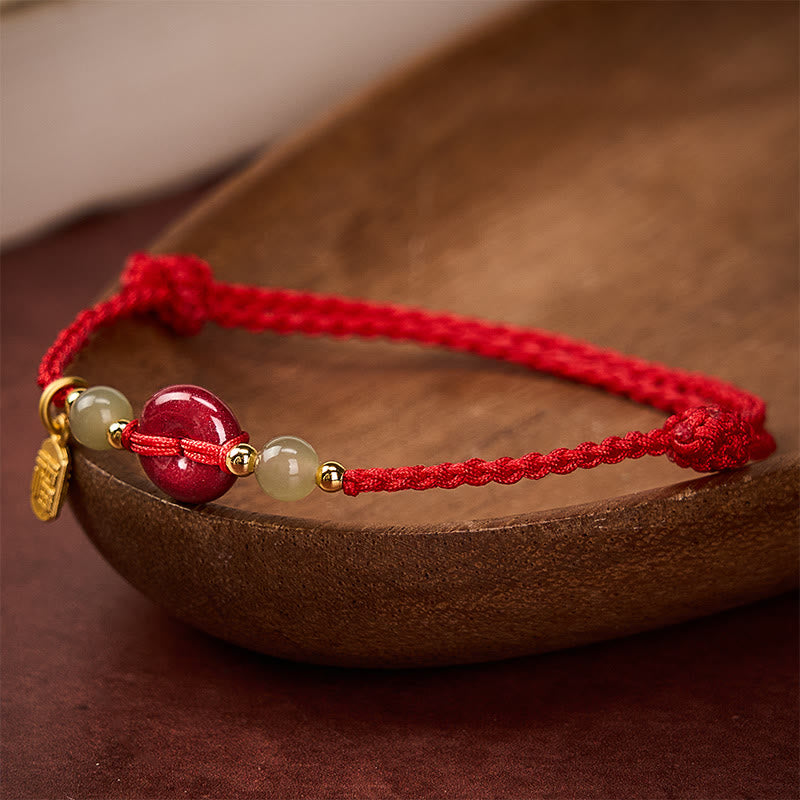 Buddha Stones Braccialetto con ciondolo a cordino rosso e fibbia della pace in cinabro con protezione del personaggio Fu e cordino rosso. - image 3