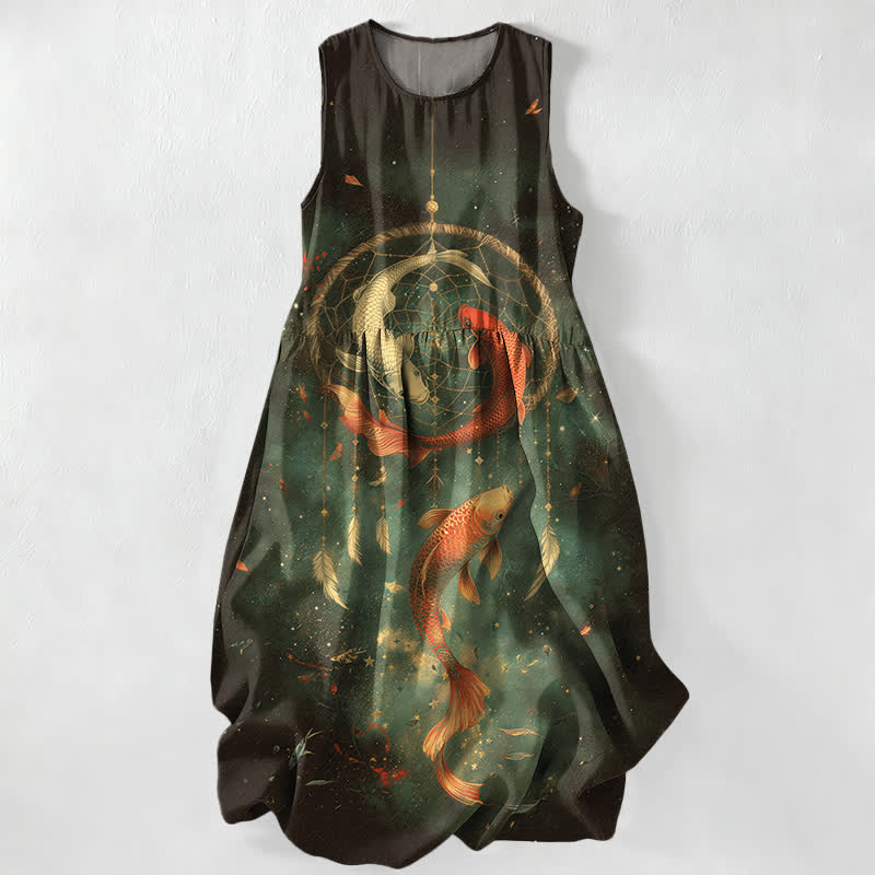 Buddha Stones Abito midi estivo casual da donna con stampa di due carpe koi e tasche, senza maniche, con motivo a piume. - Verde scuro - US16, UK/AU20, EU48 (3XL) - image 5
