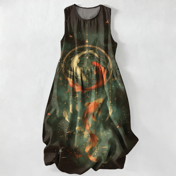 Buddha Stones Abito midi estivo casual da donna con stampa di due carpe koi e tasche, senza maniche, con motivo a piume. - Verde scuro - US16, UK/AU20, EU48 (3XL) - image 5