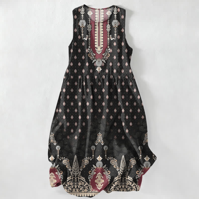 Buddha Stones Abito midi estivo casual da donna rosa con fantasia floreale etnica e tasche. - Nero - US16, UK/AU20, EU48 (3XL) - image 0