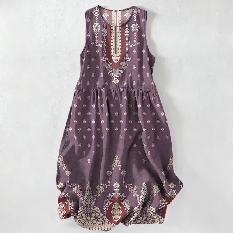 Buddha Stones Abito midi estivo casual da donna rosa con fantasia floreale etnica e tasche. - Viola - US16, UK/AU20, EU48 (3XL) - image 4