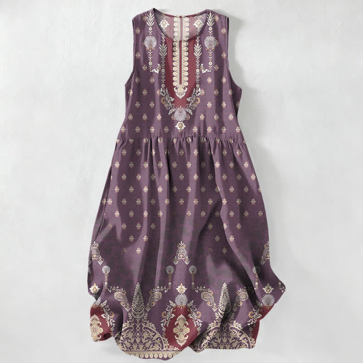 Buddha Stones Abito midi estivo casual da donna rosa con fantasia floreale etnica e tasche. - Viola - US16, UK/AU20, EU48 (3XL) - image 4