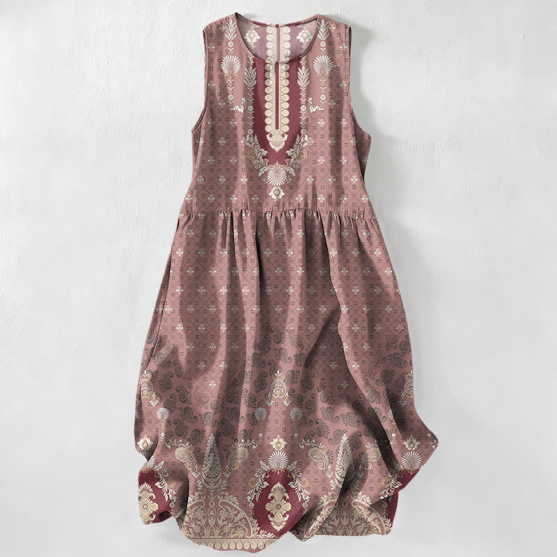 Buddha Stones Abito midi estivo casual da donna rosa con fantasia floreale etnica e tasche. - Marrone rosato - US16, UK/AU20, EU48 (3XL) - image 5