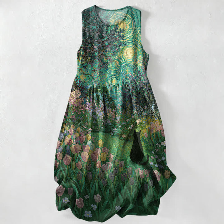 Buddha Stones Abito midi estivo da donna senza maniche con tasche, in stile pittura ad olio casual, con motivo floreale a spirale e gatto nero. - Verde studentesco - US16, UK/AU20, EU48 (3XL) - image 5