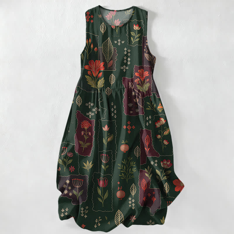 Buddha Stones Abito midi estivo casual da donna con motivo floreale vintage patchwork a foglie e tasche. - Verde scuro - US16, UK/AU20, EU48 (3XL) - image 0