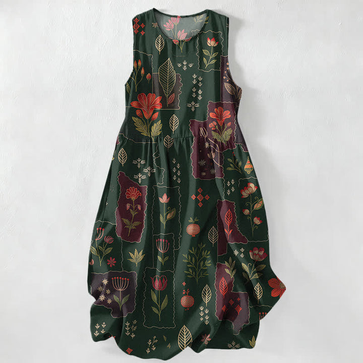 Buddha Stones Abito midi estivo casual da donna con motivo floreale vintage patchwork a foglie e tasche. - Verde scuro - US16, UK/AU20, EU48 (3XL) - image 0