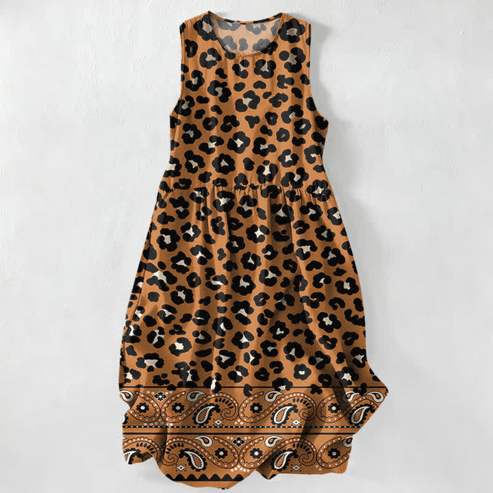 Buddha Stones Abito midi estivo casual da donna con motivo leopardato e paisley, senza maniche e tasche. - Perù - US16, UK/AU20, EU48 (3XL) - image 0