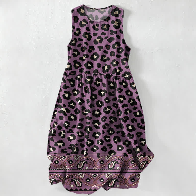 Buddha Stones Abito midi estivo casual da donna con motivo leopardato e paisley, senza maniche e tasche. - Viola medio - US16, UK/AU20, EU48 (3XL) - image 4
