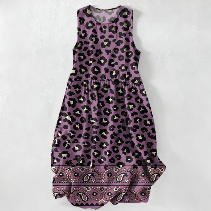 Buddha Stones Abito midi estivo casual da donna con motivo leopardato e paisley, senza maniche e tasche. - Viola medio - US16, UK/AU20, EU48 (3XL) - image 4