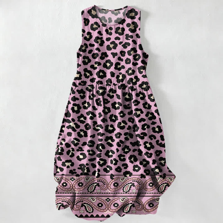 Buddha Stones Abito midi estivo casual da donna con motivo leopardato e paisley, senza maniche e tasche. - Prugna - US16, UK/AU20, EU48 (3XL) - image 5