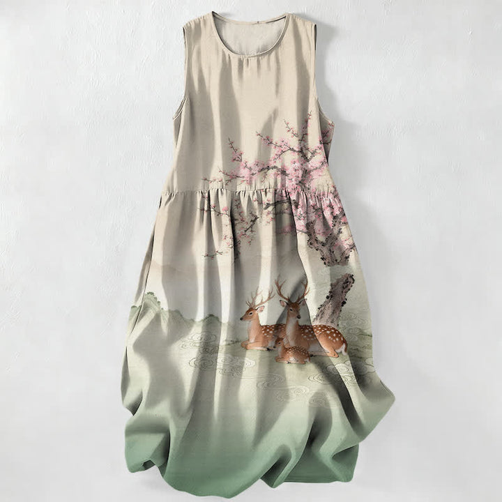 Buddha Stones Abito midi estivo casual da donna con motivo paesaggistico di alberi di pesco e cervi Sika, senza maniche e con tasche. - Beige - US16, UK/AU20, EU48 (3XL) - image 0