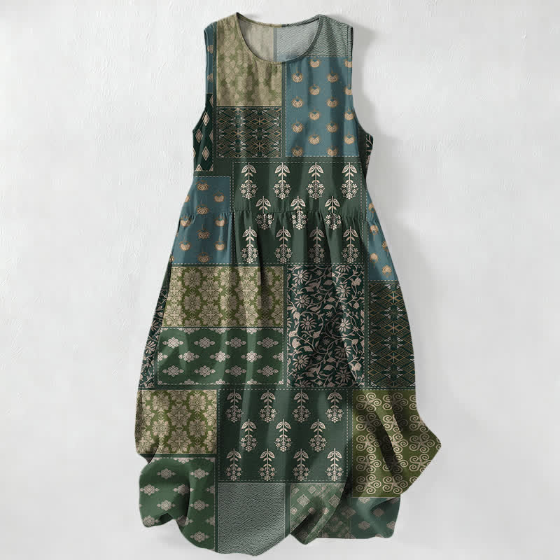 Buddha Stones Abito midi estivo casual da donna con motivo floreale e foglie patchwork, senza maniche e tasche. - Verde oliva scuro - US16, UK/AU20, EU48 (3XL) - image 0
