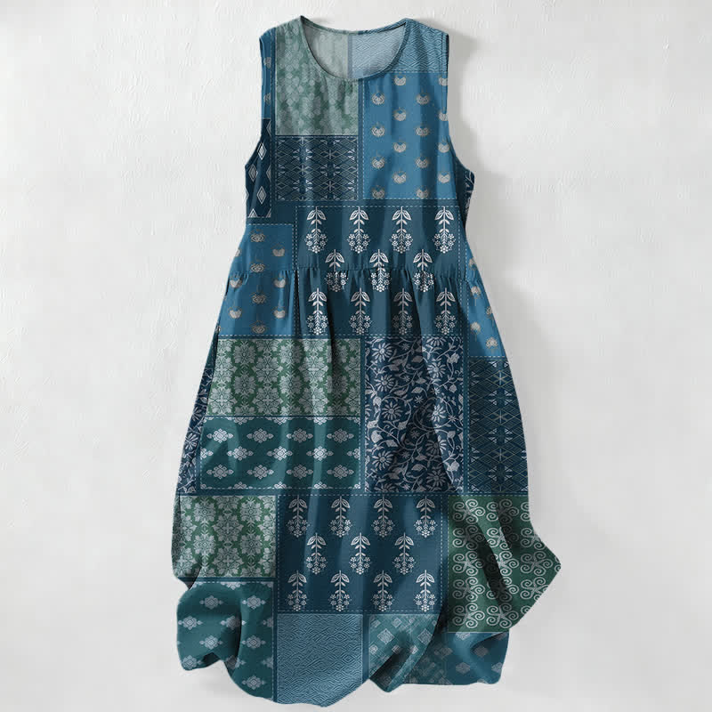 Buddha Stones Abito midi estivo casual da donna con motivo floreale e foglie patchwork, senza maniche e tasche. - Cadetto Blu - US16, UK/AU20, EU48 (3XL) - image 4