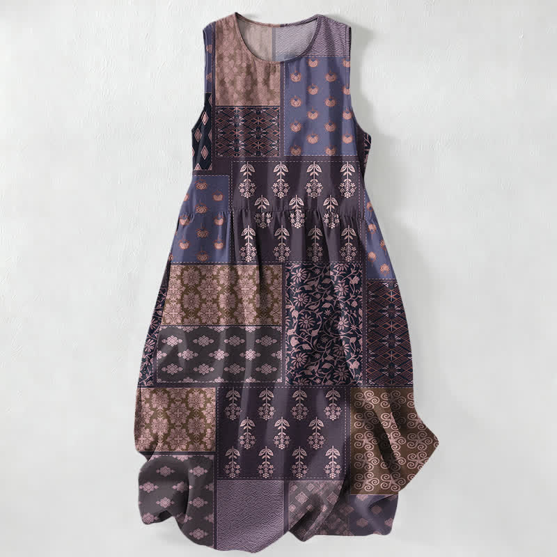 Buddha Stones Abito midi estivo casual da donna con motivo floreale e foglie patchwork, senza maniche e tasche. - Orchidea scura - US16, UK/AU20, EU48 (3XL) - image 5