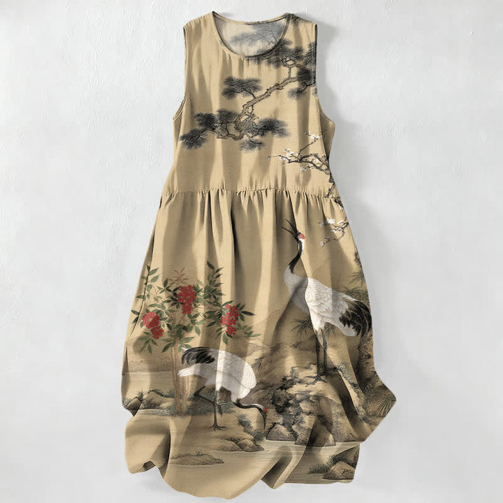 Buddha Stones Abito midi estivo casual da donna con motivo floreale rosso, gru, fiori di pruno, rami di pino e tasche. - Tan - US16, UK/AU20, EU48 (3XL) - image 0
