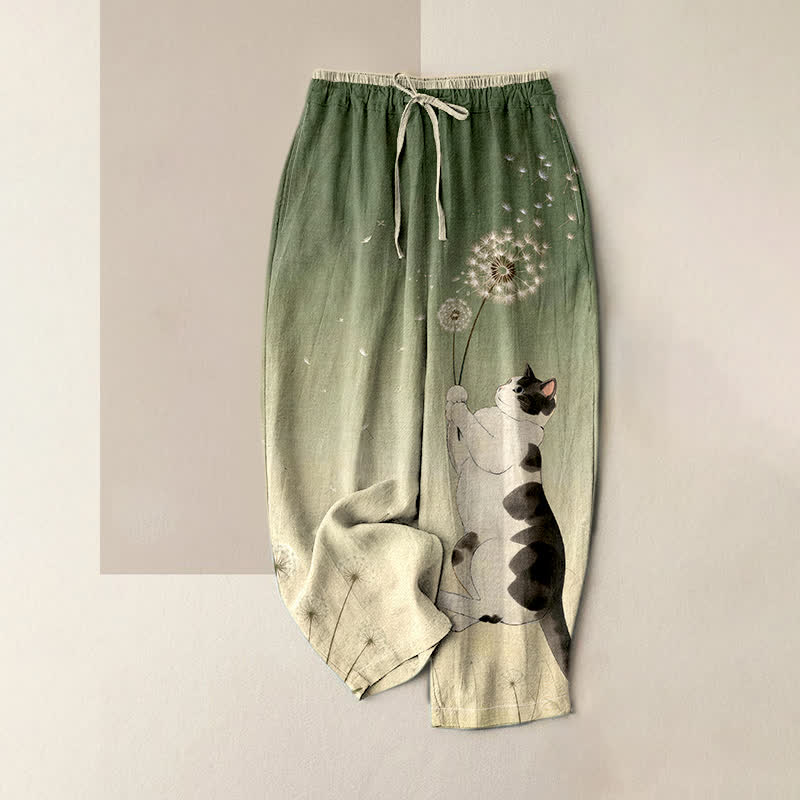 Buddha Stones Pantaloni da donna in puro cotone con elastico in vita e tasche, fantasia "Dreamy Cow Cat Dandelion". - Verde oliva - US16, UK/AU20, EU48 (3XL) - image 3