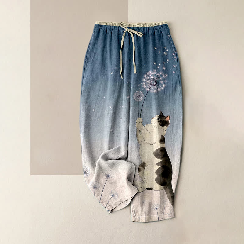 Buddha Stones Pantaloni da donna in puro cotone con elastico in vita e tasche, fantasia "Dreamy Cow Cat Dandelion". - SteelBlue - US16, UK/AU20, EU48 (3XL) - image 4
