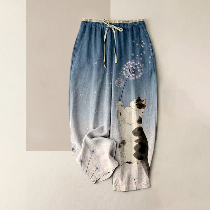 Buddha Stones Pantaloni da donna in puro cotone con elastico in vita e tasche, fantasia "Dreamy Cow Cat Dandelion". - SteelBlue - US16, UK/AU20, EU48 (3XL) - image 4