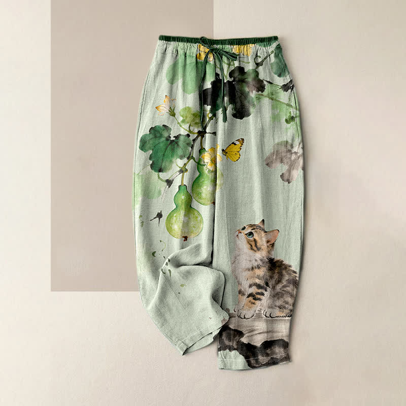 Buddha Stones Pantaloni da donna in puro cotone con elastico in vita e tasche, fantasia a vite di zucca, farfalle gialle e gatto. - Verde pallido - US16, UK/AU20, EU48 (3XL) - image 0