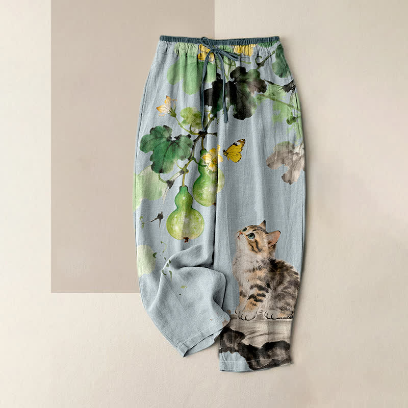 Buddha Stones Pantaloni da donna in puro cotone con elastico in vita e tasche, fantasia a vite di zucca, farfalle gialle e gatto. - Blu acciaio chiaro - US16, UK/AU20, EU48 (3XL) - image 3