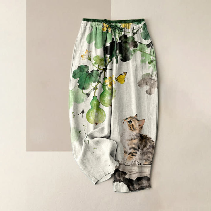 Buddha Stones Pantaloni da donna in puro cotone con elastico in vita e tasche, fantasia a vite di zucca, farfalle gialle e gatto. - Avorio - US16, UK/AU20, EU48 (3XL) - image 4