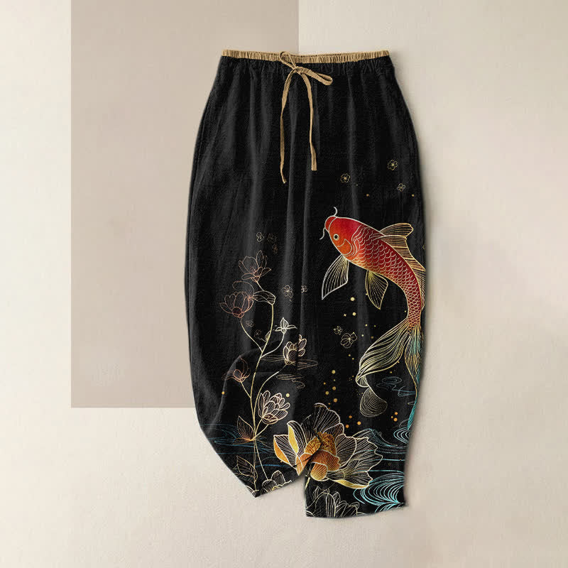 Buddha Stones Pantaloni da donna in puro cotone con elastico in vita e tasche, fantasia a carpe koi e loto dorato. - Nero - US16, UK/AU20, EU48 (3XL) - image 0