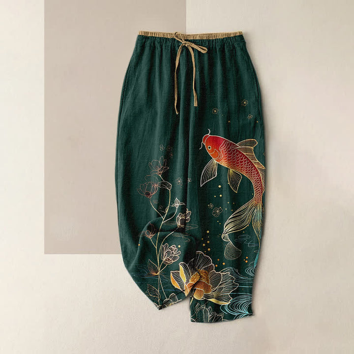 Buddha Stones Pantaloni da donna in puro cotone con elastico in vita e tasche, fantasia a carpe koi e loto dorato. - Verde scuro - US16, UK/AU20, EU48 (3XL) - image 4