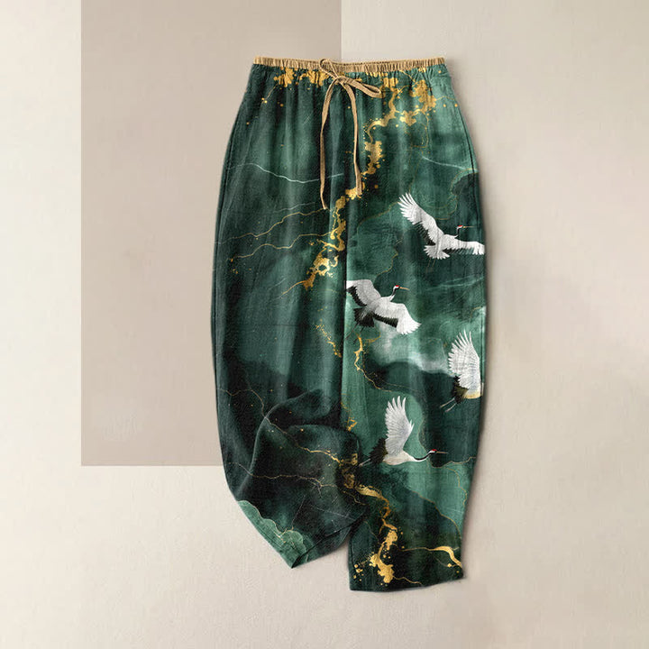 Buddha Stones Eleganti pantaloni da donna in puro cotone bianco con motivo gru e oro, vita elasticizzata e tasche. - Ciano scuro - US16, UK/AU20, EU48 (3XL) - image 0