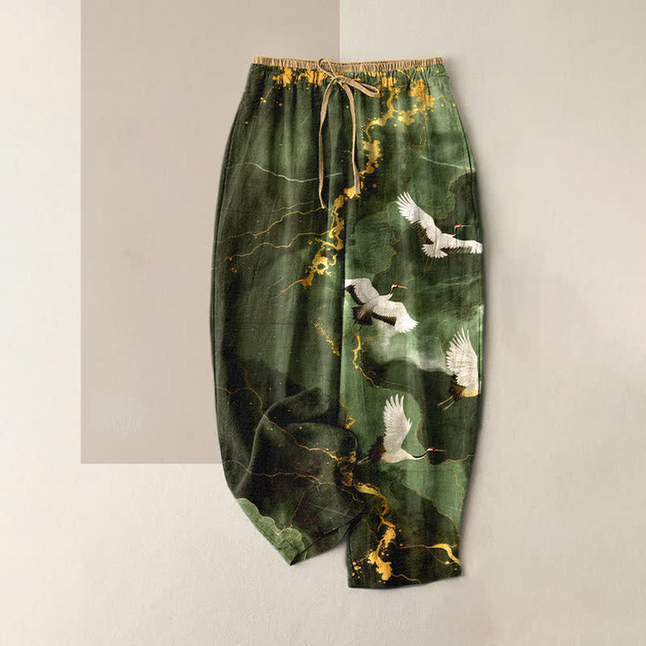 Buddha Stones Eleganti pantaloni da donna in puro cotone bianco con motivo gru e oro, vita elasticizzata e tasche. - Verde oliva scuro - US16, UK/AU20, EU48 (3XL) - image 4