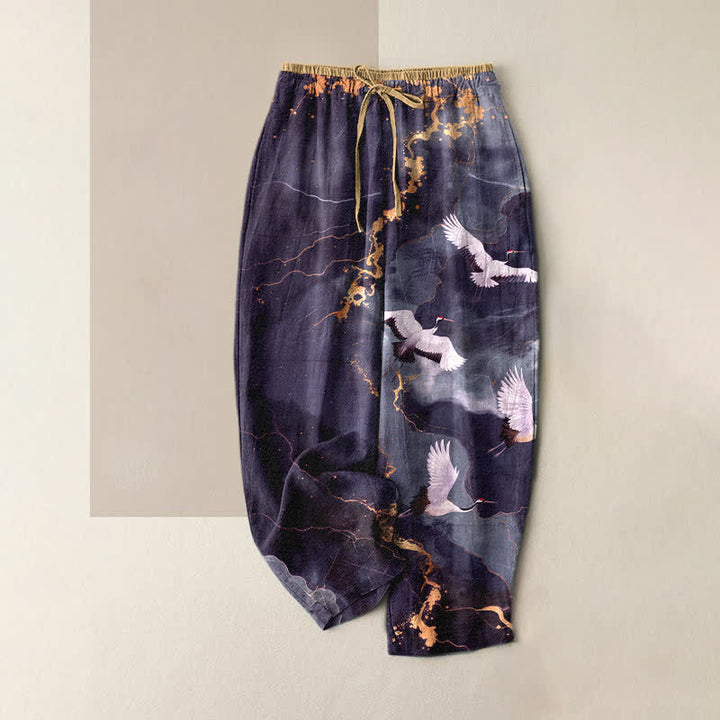 Buddha Stones Eleganti pantaloni da donna in puro cotone bianco con motivo gru e oro, vita elasticizzata e tasche. - BluViola - US16, UK/AU20, EU48 (3XL) - image 5