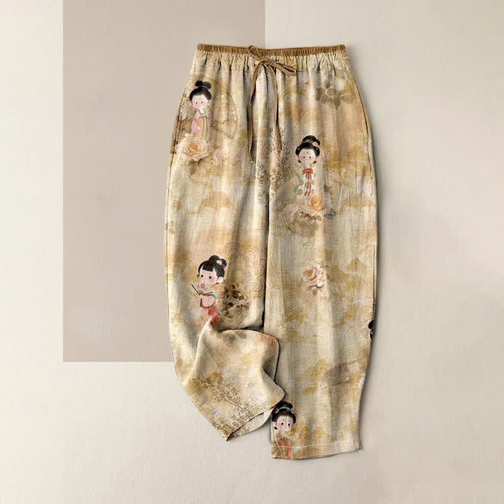 Buddha Stones Pantaloni da donna in puro cotone, stile vintage, con motivo floreale Geisha, elastico in vita e tasche. - Legno robusto - US16, UK/AU20, EU48 (3XL) - image 0