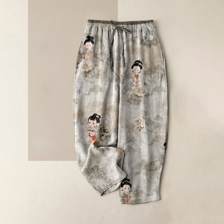 Buddha Stones Pantaloni da donna in puro cotone, stile vintage, con motivo floreale Geisha, elastico in vita e tasche. - Argento - US16, UK/AU20, EU48 (3XL) - image 3