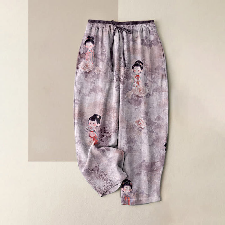 Buddha Stones Pantaloni da donna in puro cotone, stile vintage, con motivo floreale Geisha, elastico in vita e tasche. - Prugna - US16, UK/AU20, EU48 (3XL) - image 4