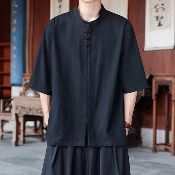 Buddha Stones Camicie da uomo a maniche a tre quarti in cotone e lino, stile Tang, casual, primavera/estate, con bottoni a rana, tinta unita. - Nero - US/UK/AU46, EU56 (5XL) - image 9