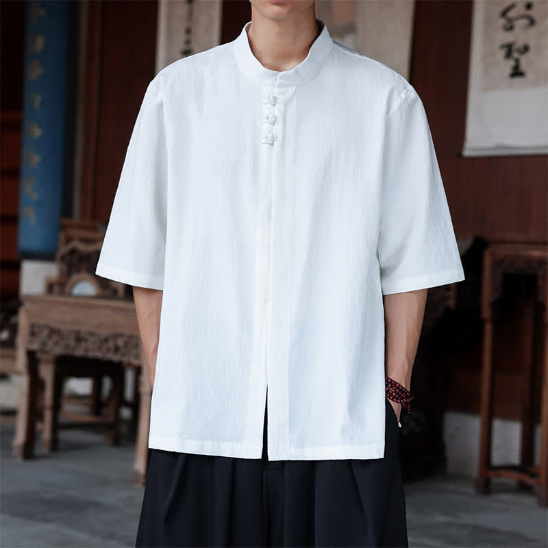 Buddha Stones Camicie da uomo a maniche a tre quarti in cotone e lino, stile Tang, casual, primavera/estate, con bottoni a rana, tinta unita. - Bianco - US/UK/AU46, EU56 (5XL) - image 18