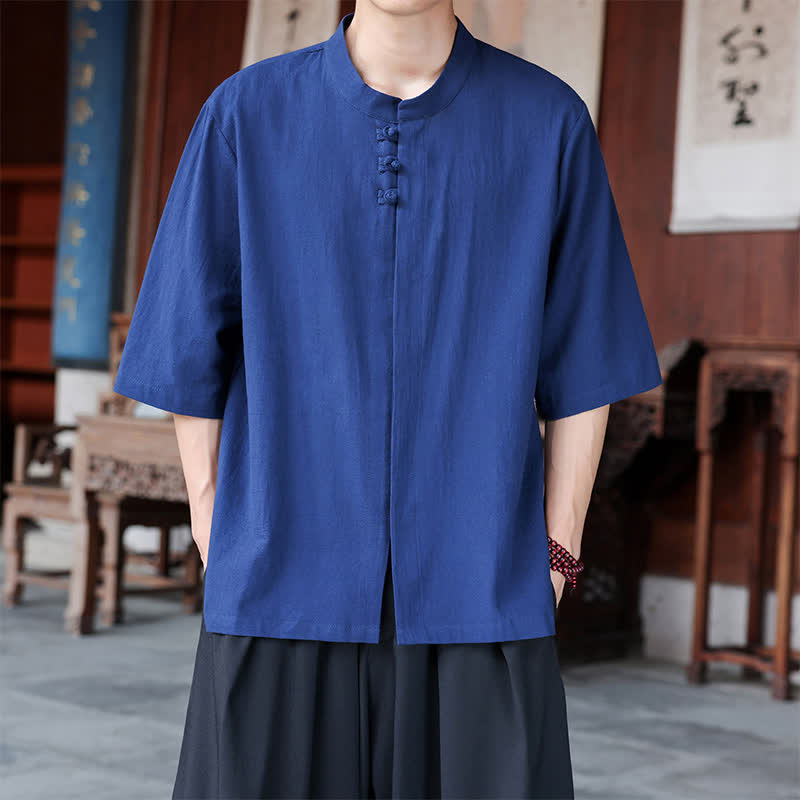 Buddha Stones Camicie da uomo a maniche a tre quarti in cotone e lino, stile Tang, casual, primavera/estate, con bottoni a rana, tinta unita. - Blu reale - US/UK/AU46, EU56 (5XL) - image 0