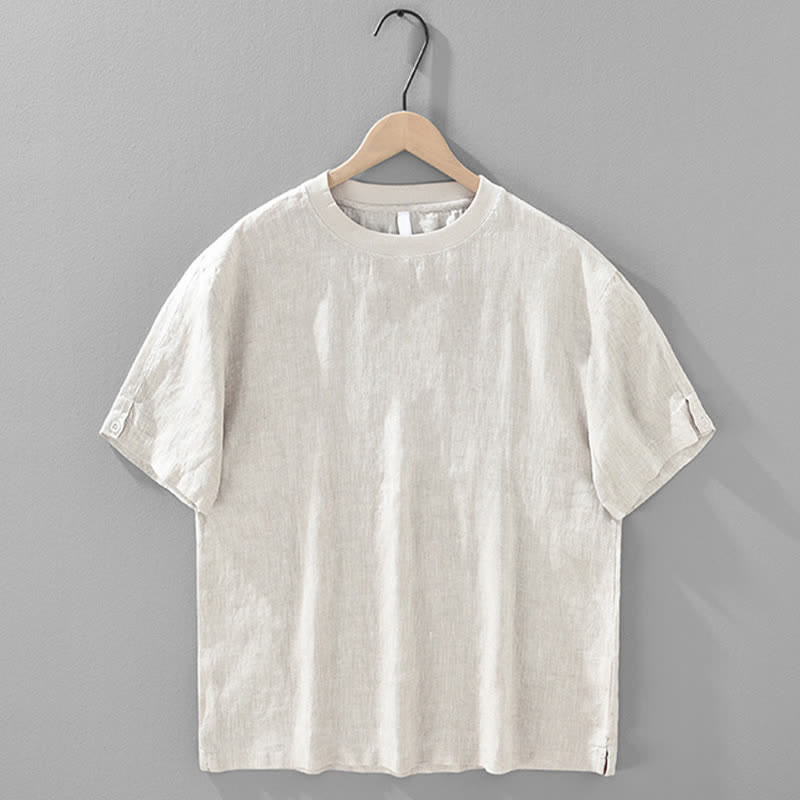 Buddha Stones T-shirt da uomo a maniche corte, girocollo, tinta unita, stile casual estivo e minimalista, in lino. - image 1