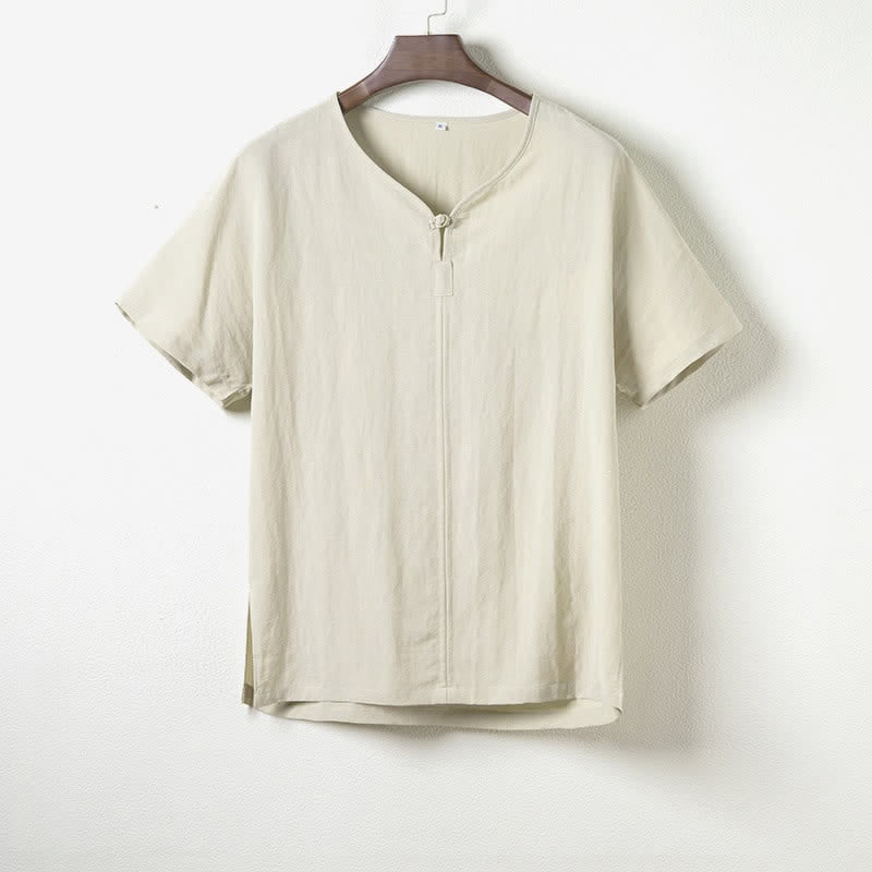 Buddha Stones Camicia da uomo estiva casual a maniche corte con scollo a V, stile Tang. - Melata - US/UK/AU44, EU54 (4XL) - image 7