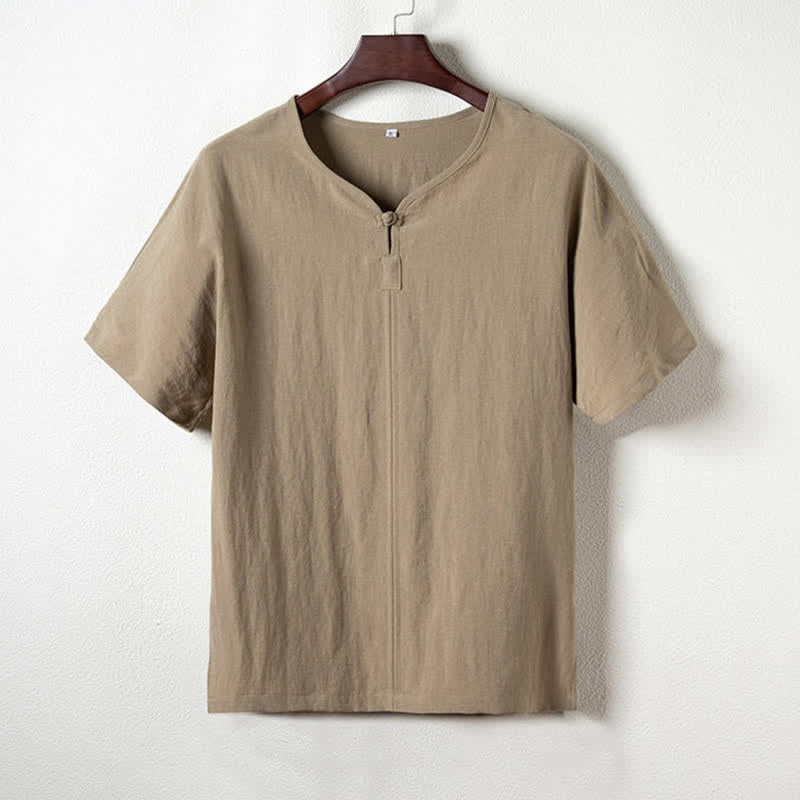 Buddha Stones Camicia da uomo estiva casual a maniche corte con scollo a V, stile Tang. - image 1